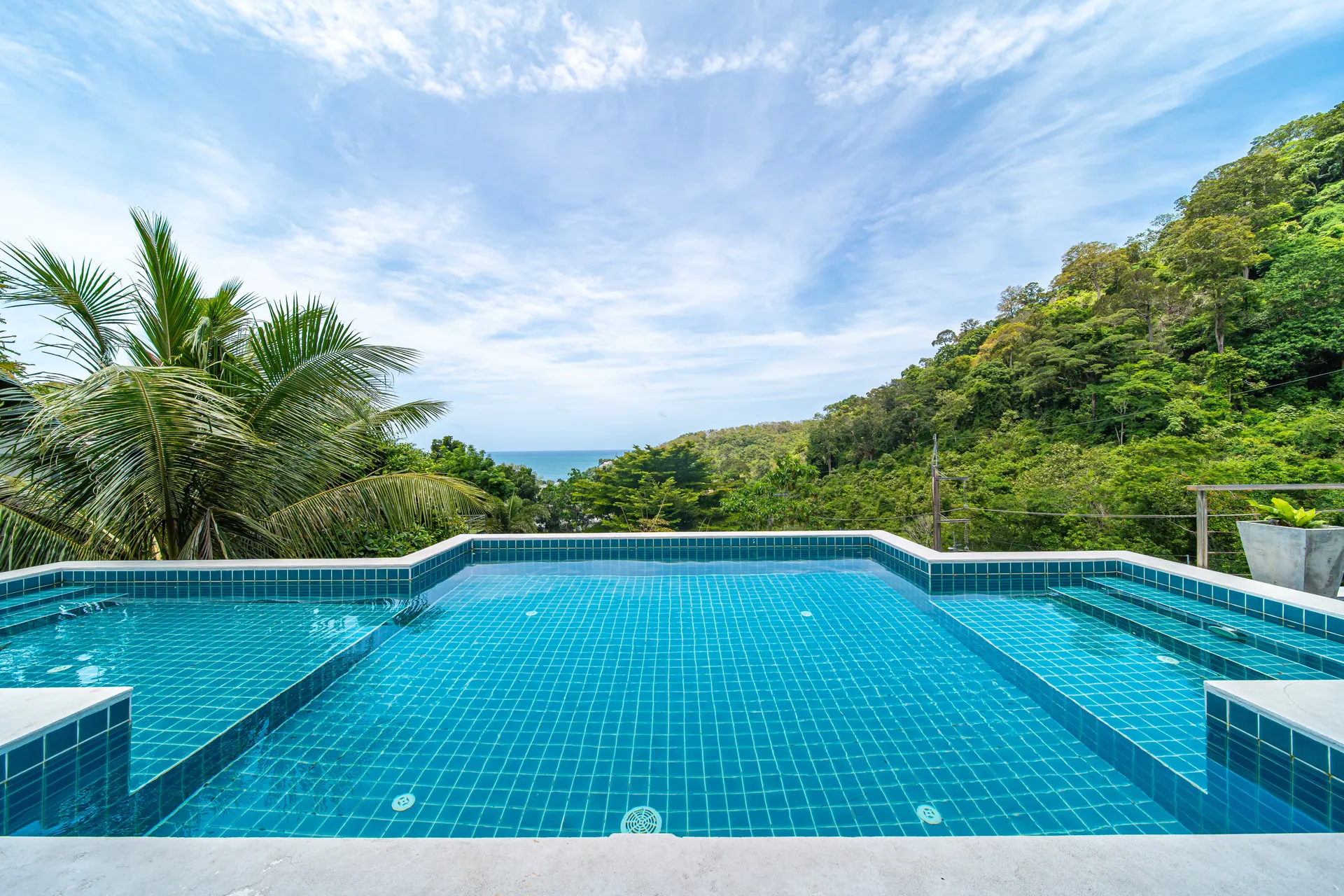 Infinity pool on the upper terrace, with palms, a forested hillside and a glimpse of the sea