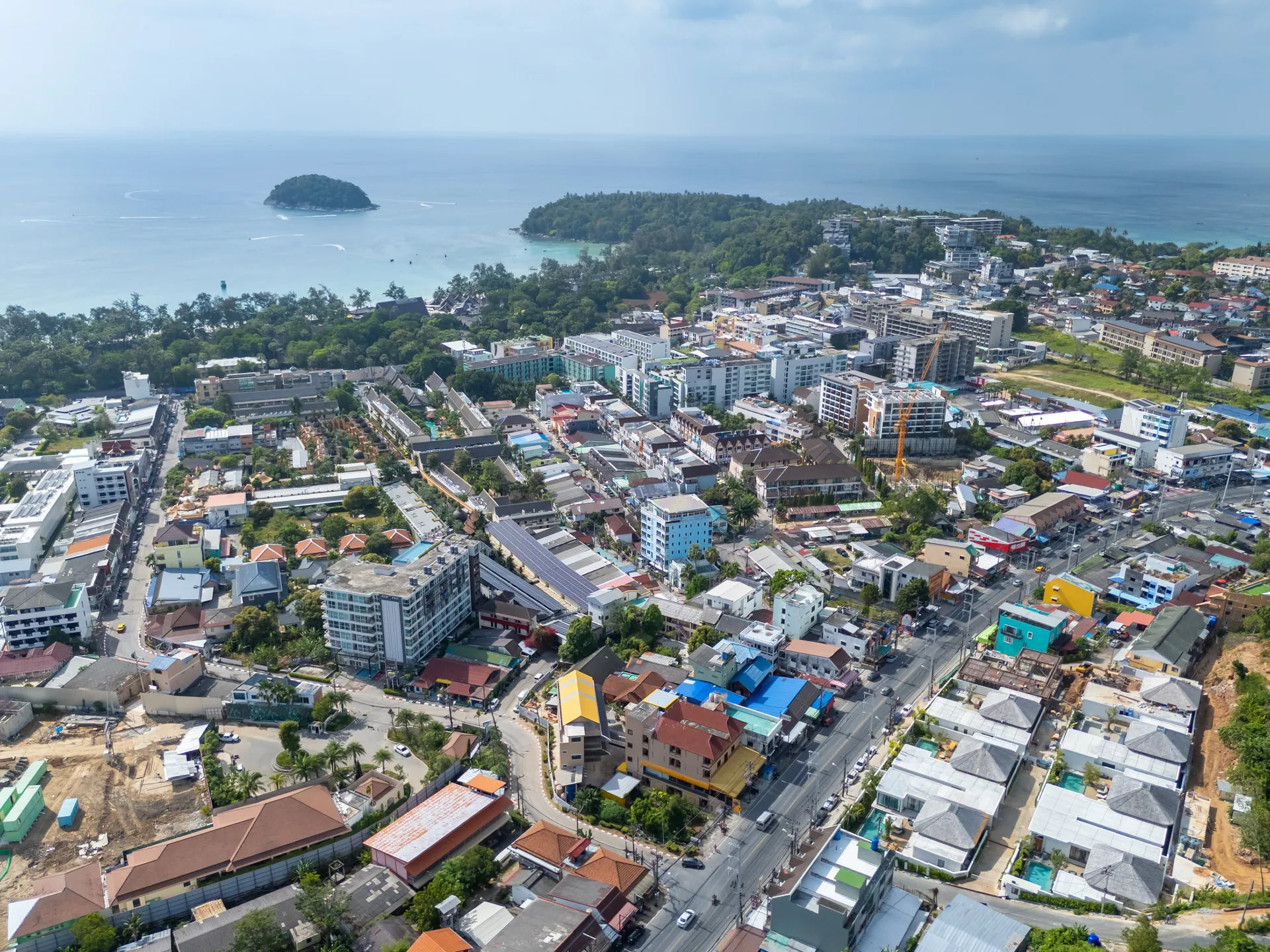 Aerial view over Kata towards the bay and a small offshore island
