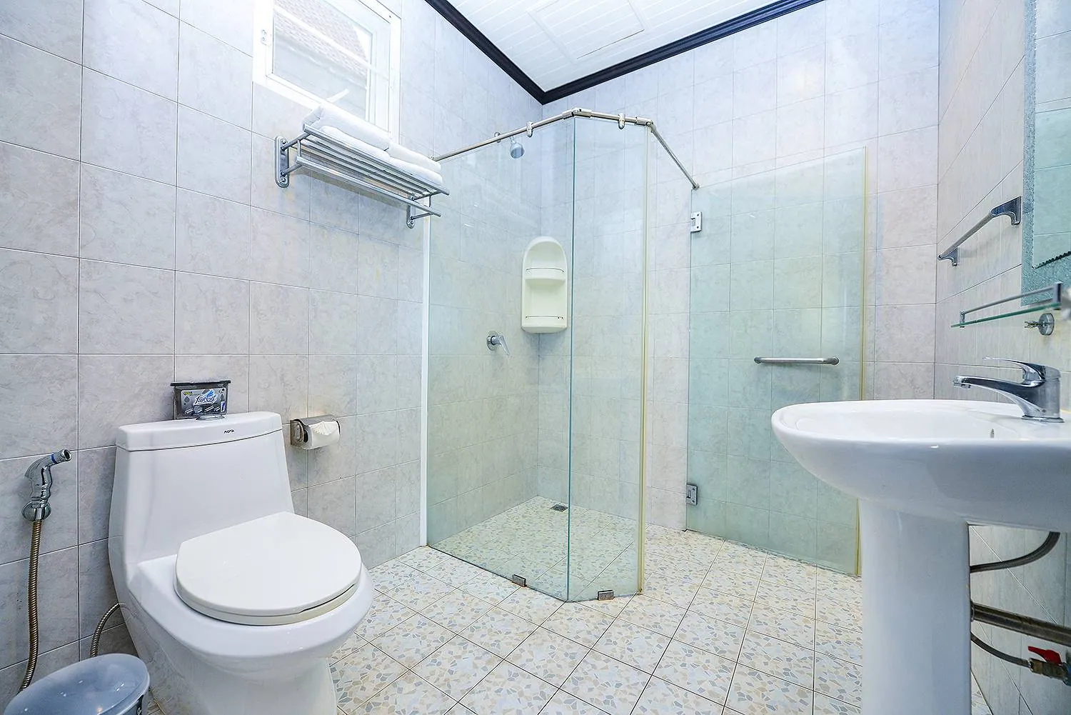 Bathroom with a glass-screened shower, a basin and a toilet