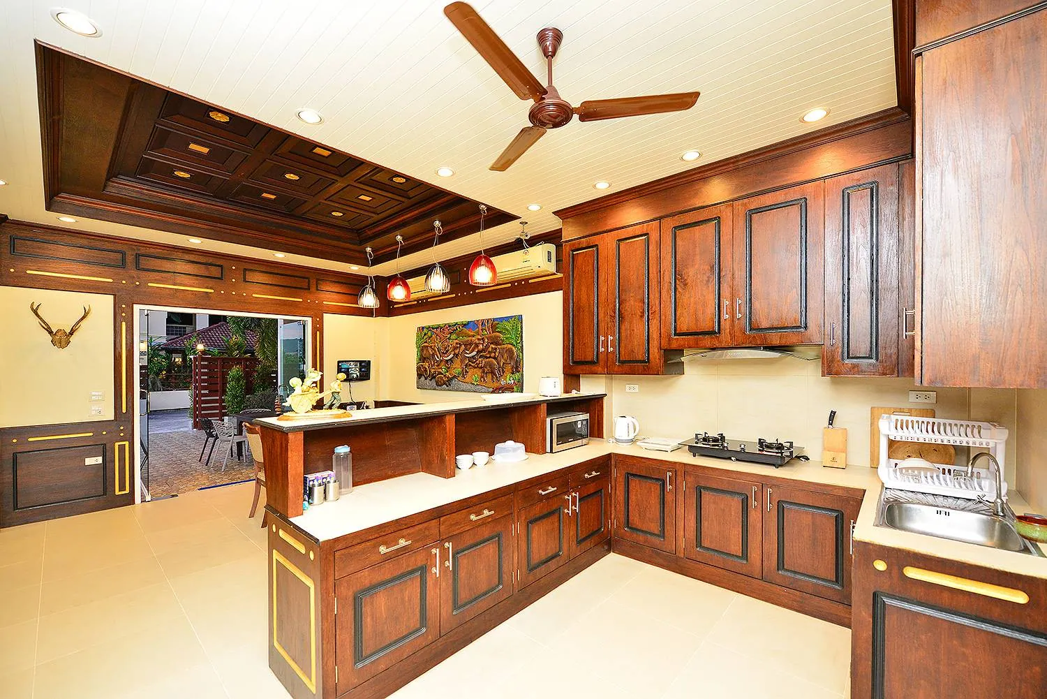 Kitchen with teak cabinetry, a long cooking counter and a door to the terrace