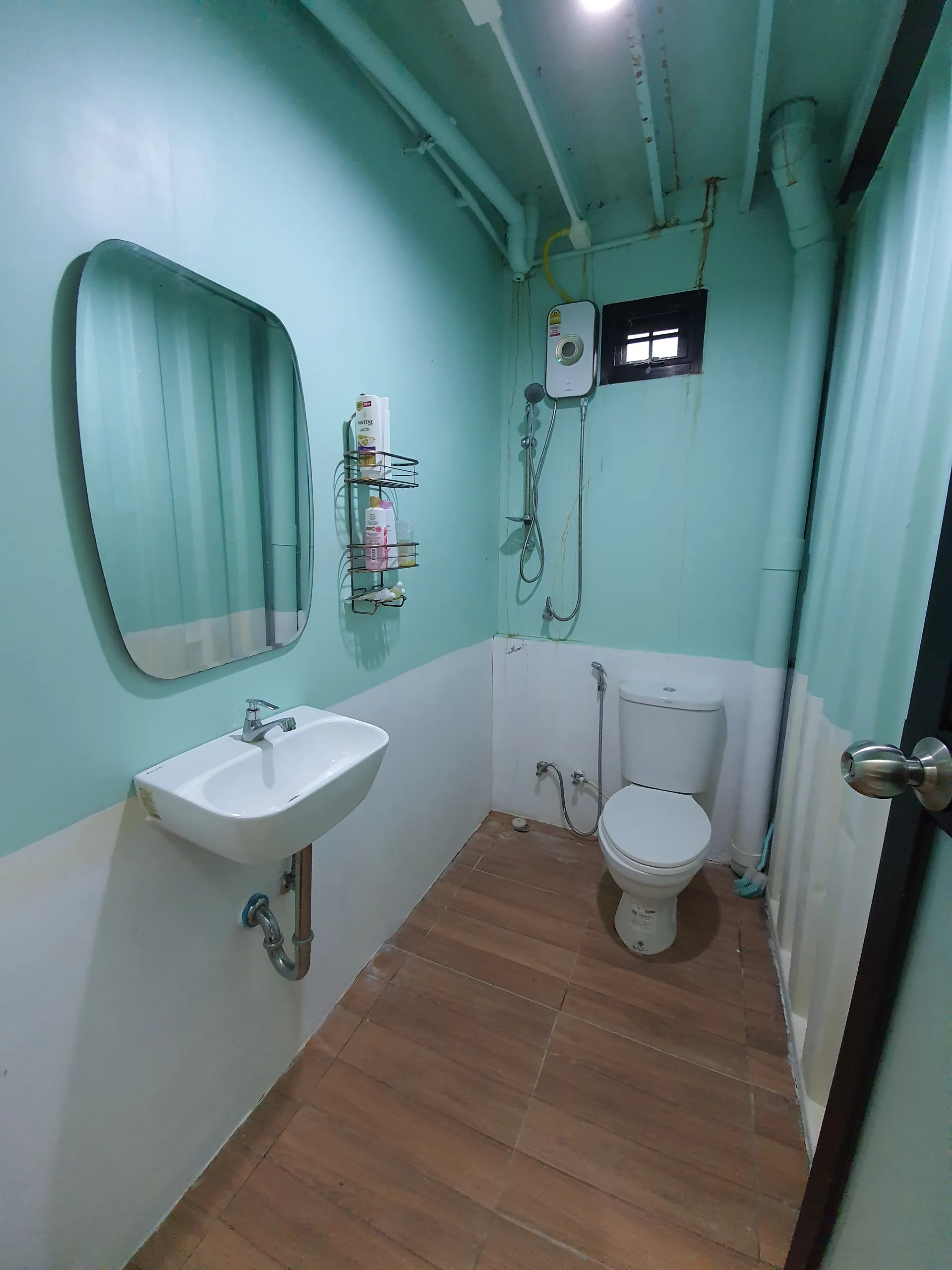 Mint-green bathroom with a washbasin, mirror, toilet and wood-look floor