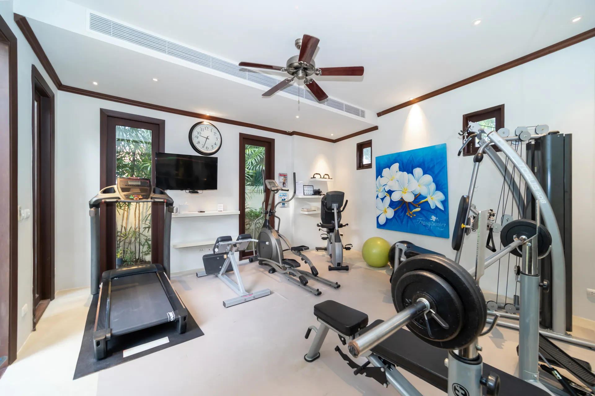 Fitness room with a treadmill, exercise bikes and a multi-gym weight station