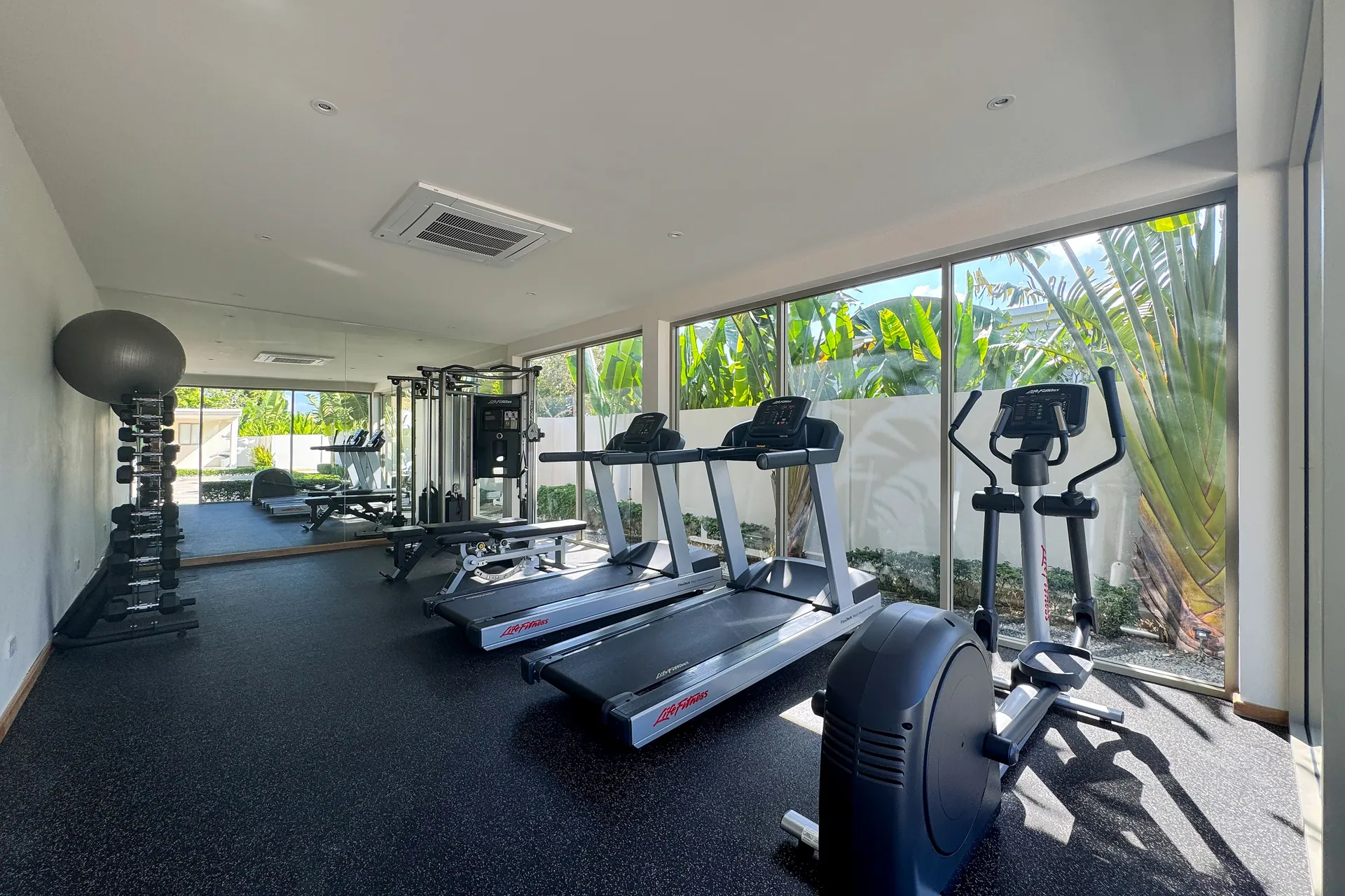 Fitness room with treadmills, a cross-trainer, a cable station and free weights, behind glass walls onto the garden