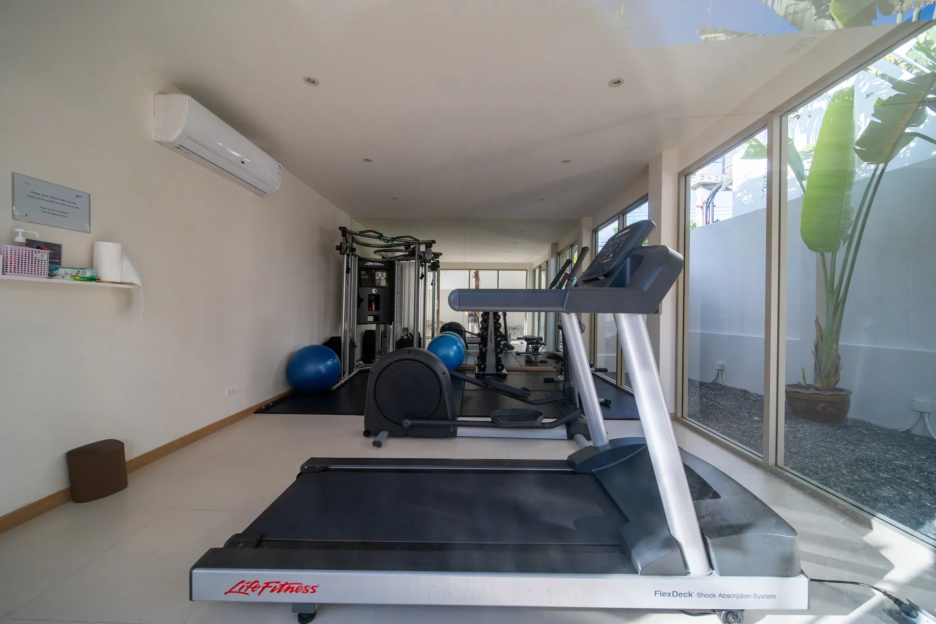 Fitness room with a treadmill, a multi-station weight machine and exercise balls