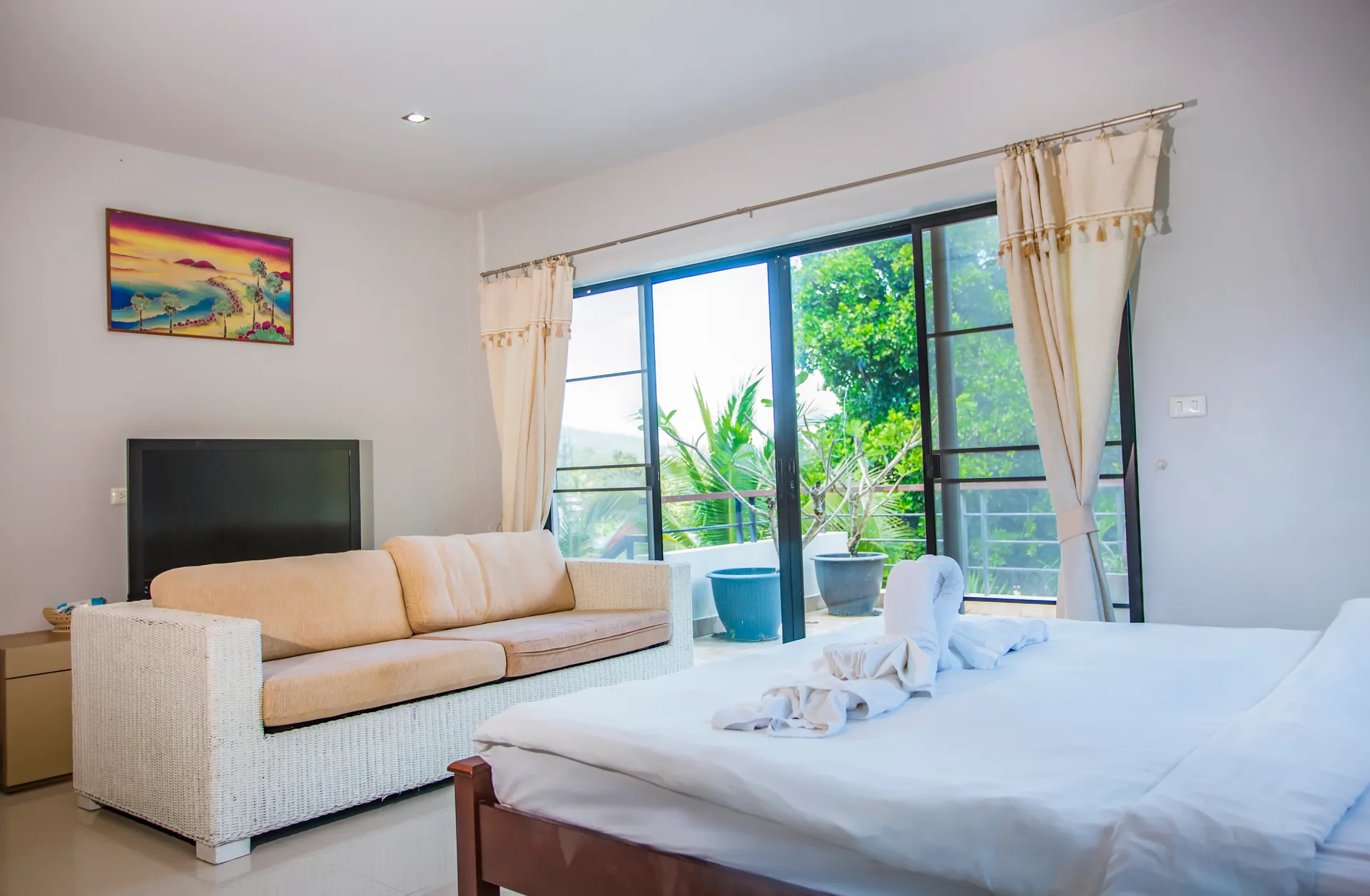 Bedroom with a double bed, a sofa and a TV, and glass doors to a terrace with potted plants